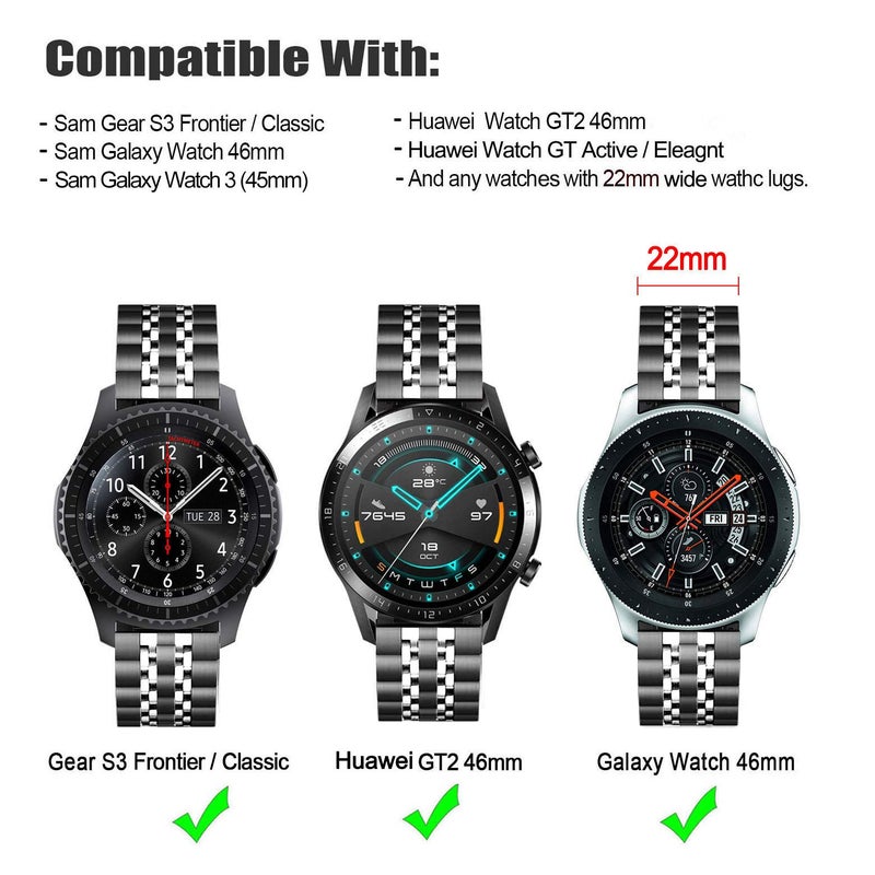 DEALELE Band Compatible with Samsung Gear S3 / Galaxy Watch 46mm / Galaxy Watch 3 45mm, 22mm 7-Rows Stainless Steel Metal Replacement Strap for Huawei Watch 3/3 Pro / GT3 46mm (Black-Silver) - Image 2